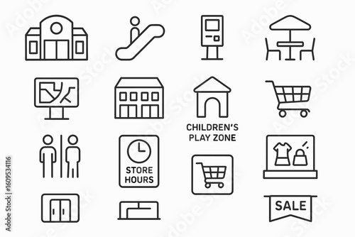 Mall icons set featuring shopping cart and store fronts in black line style