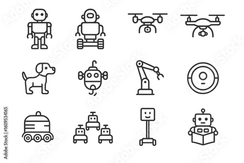 Robot icon set: drones, robots, arm, dog, and roomba outlined on gray background
