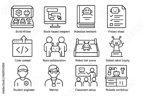 Robotics education icons set with projects and classroom activities