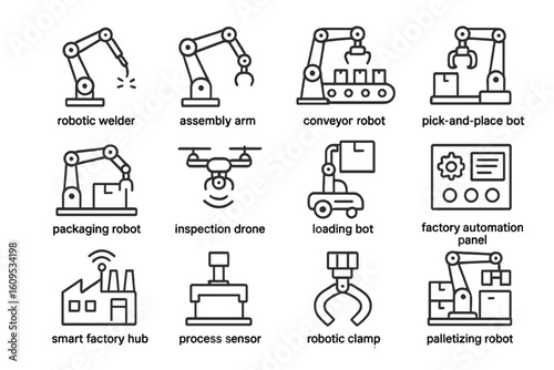 Industrial robotics and automation icons illustrating modern factory technology