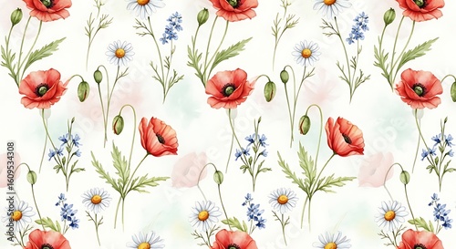 Vibrant red poppies and wildflowers seamless floral pattern