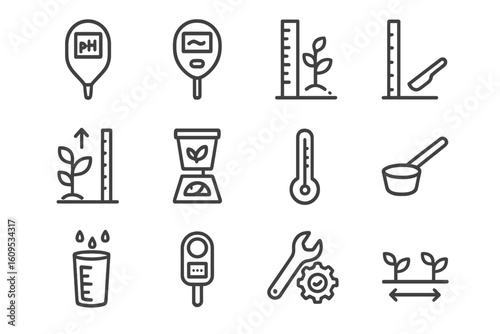 Set of plant measurement icons in monochrome style
