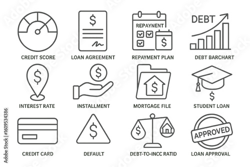 Financial management icons including loans, debt, and credit score indicators