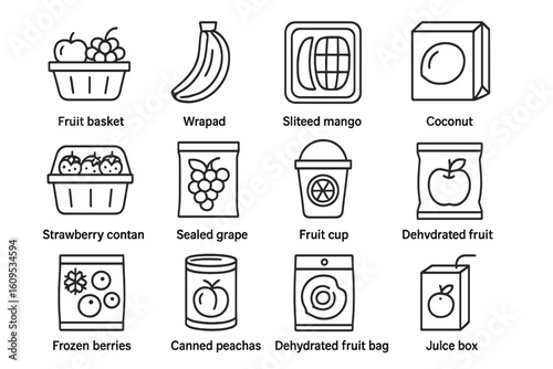 Assorted fruit icons: banana, mango, coconut, berries, peaches