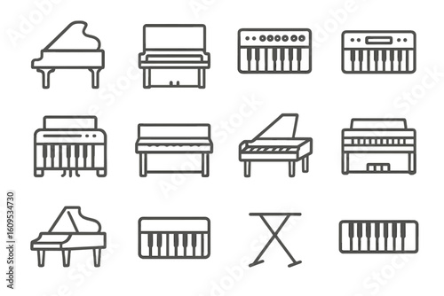 Various piano and keyboard icons on a metallic gray background