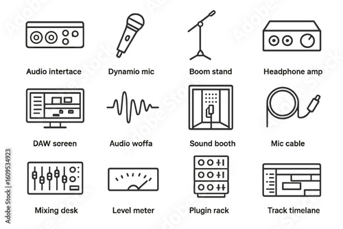 Audio equipment icons: mic, headphone amp, sound booth, mixing desk, track timeline