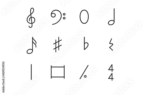 Musical symbols: sheet music notes and signs on gray background
