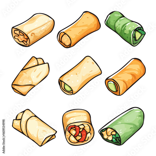A Minimalistic 2D flat icon illustration of spring rolls set, clean vector design, simple illustration style, isolated on a white background, modern element in vector and EPS format.