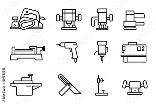 Industrial tool icons: drill, router, lathe, and more on black background