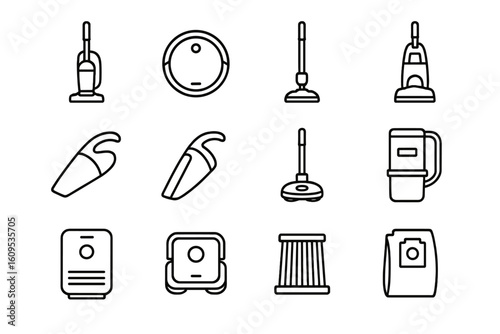 Household cleaning appliances icons on dark background