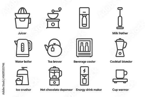 Kitchen appliance icons featuring beverage cooler and water boiler