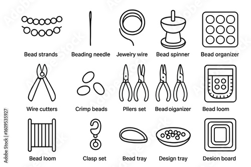 Jewelry making tools: beading needle, pliers, wire cutters, bead spinner