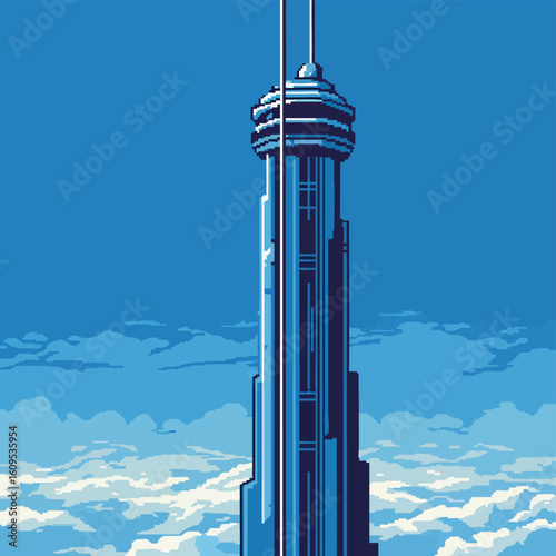 Futuristic blue observation tower rising above the clouds in pixel art style.