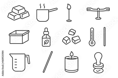 Melting wax tools and ingredients icons in dark gradient design