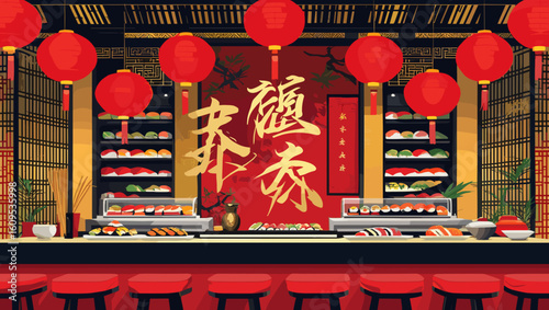 Traditional sushi restaurant interior with red lanterns and vibrant decor