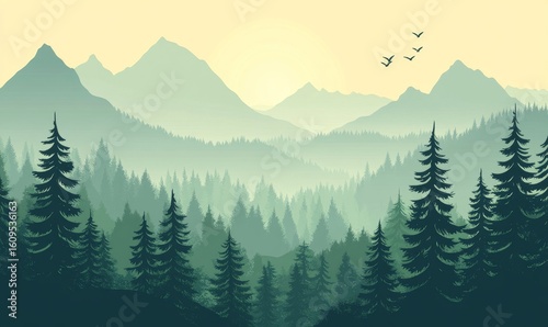 A modern illustration depicting hills, mountains, and forests in a scenic landscape