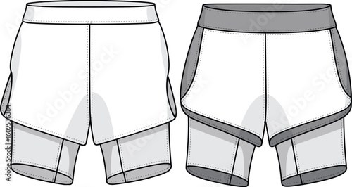 Athletic women's running shorts design flat sketch template with compression liner and side panels, activewear fashion vector illustration for fitness apparel, workout, and sportswear.