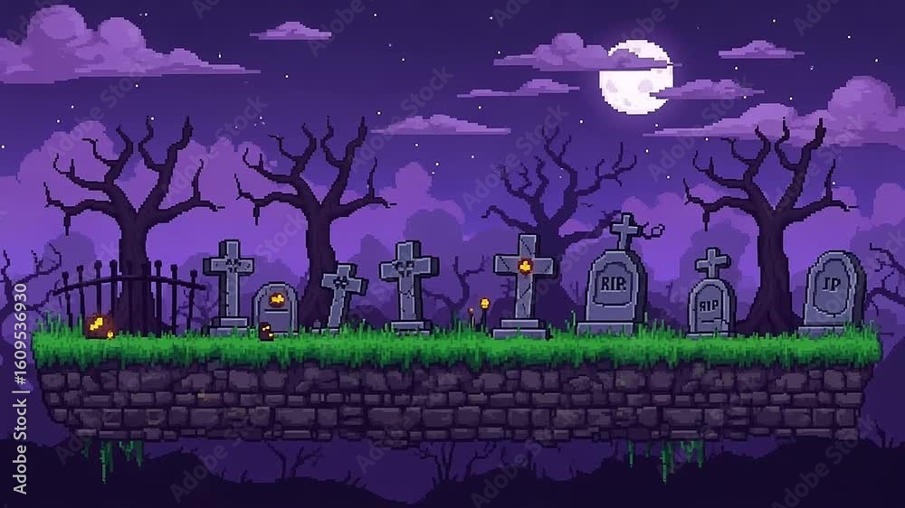 Video Game Animation of Spooky Pixel Art Graveyard Halloween Night. 8 ...