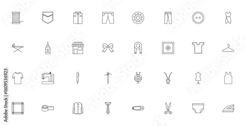 Sewing and tailoring icon set. Vector illustration. Includes thread spool, pocket, shirt, shorts, bobbin, pants, button, dress, sewing machine and more. Editable stroke.