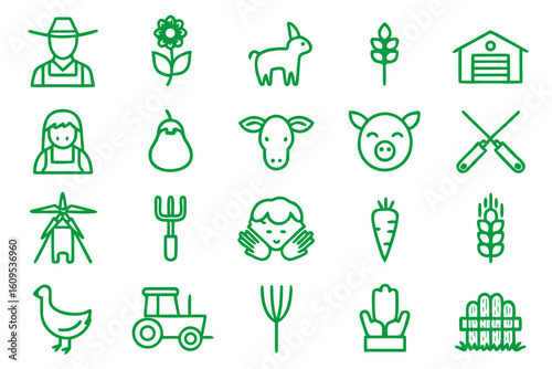 Collection of agricultural themed line art symbols for modern design projects featuring farming elements in a clean graphical style
