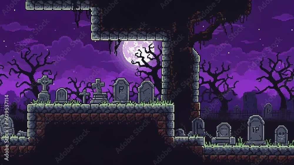 Video Game Animation of Pixel Art Graveyard, Spooky Night in a Haunted ...