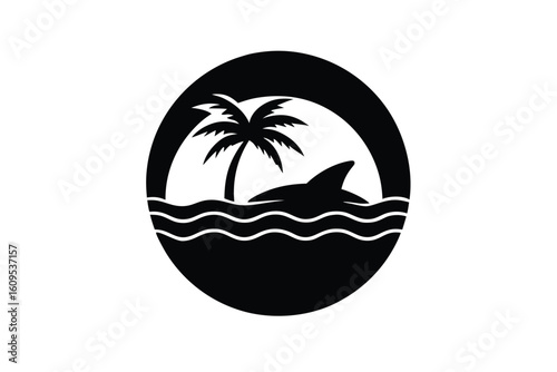 Sunset Scene with Palm Tree and Shark Fin Emerging from Ocean Waves