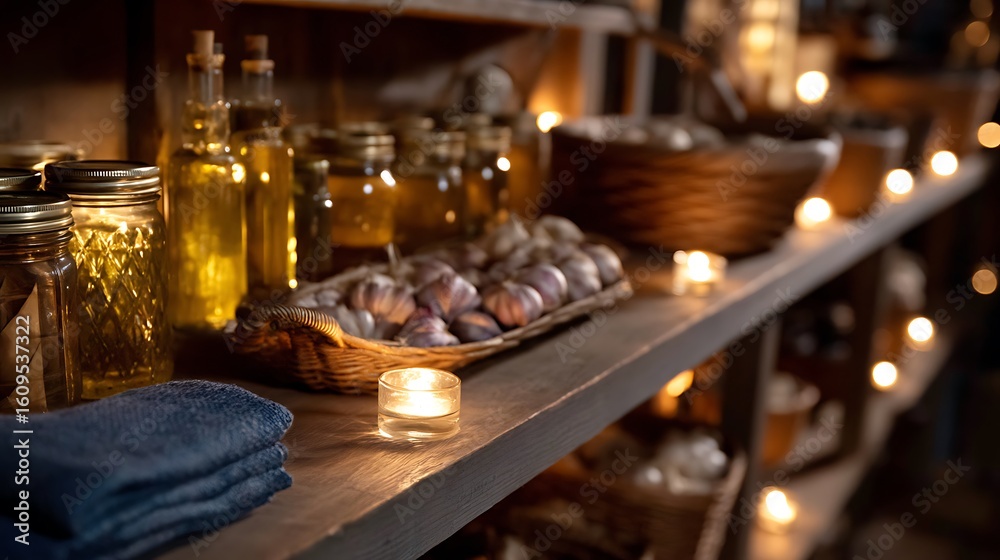 Fototapeta premium Farmhouse pantry filled with preserved jars and fresh ingredients rustic setting warm ambiance inviting atmosphere