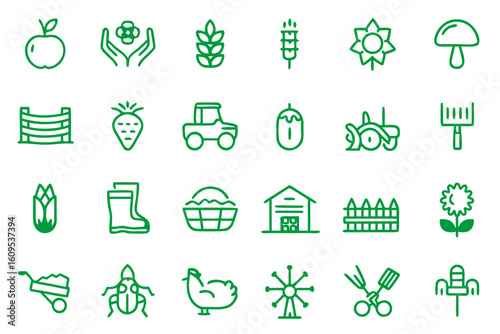 Collection of agricultural and farming themed outline graphics representing cultivation harvest and rural lifestyles