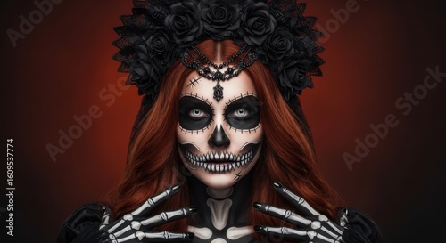 Woman With Calavera Face Paint And Black Flowers Headpiece
