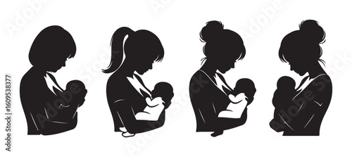 Set of Mother and Baby Silhouette Vector Icons for
