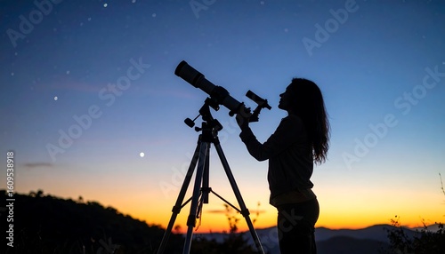 Silhouette of woman observing stars with telescope at sunset