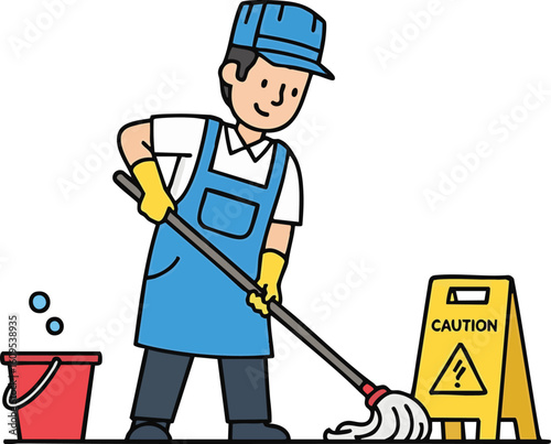 Cartoon depiction of a smiling janitor mopping a floor, with a bucket and caution sign.