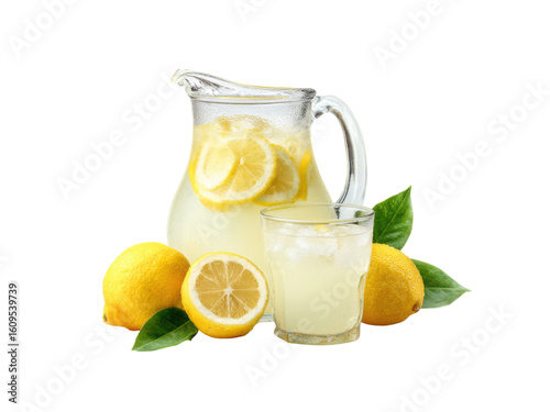 Refreshing lemonade pitcher and glass with lemons and leaves slices, Isolated, Transparent Png