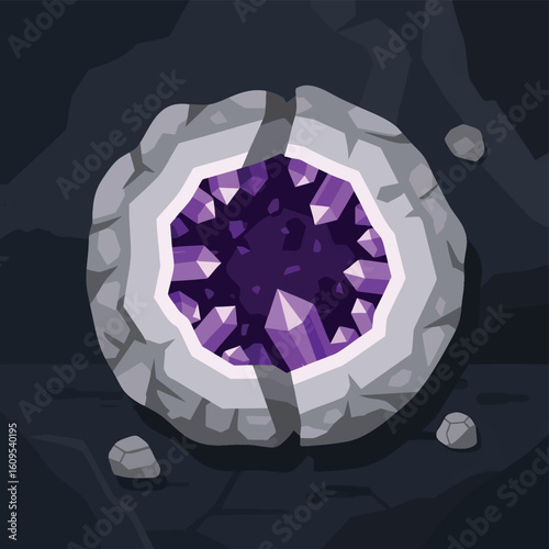 A cracked open geode revealing beautiful purple amethyst crystals inside.
