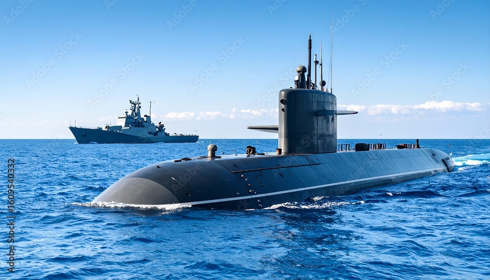 Fototapeta premium Submarine and warship at sea