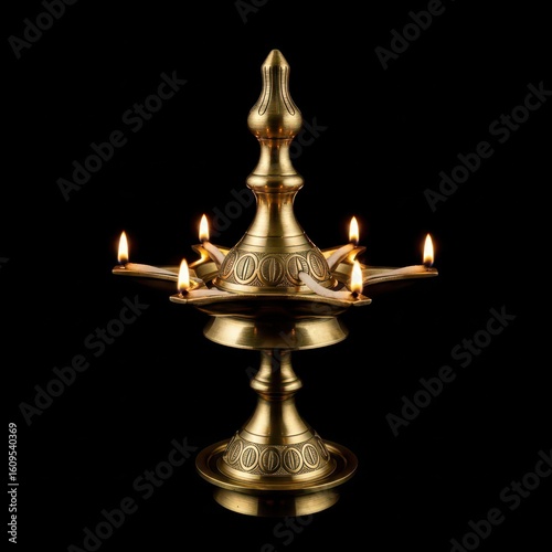 Traditional Brass Oil Lamp with Flame on Decorative Plate – Diwali Puja Setup