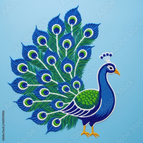  Colorful Peacock Illustration with Detailed Feather Design – Indian Folk Art Style