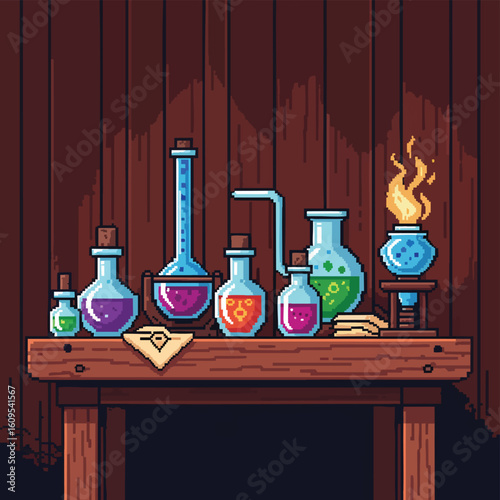 Pixel Art Alchemists Table with Colorful Potions.