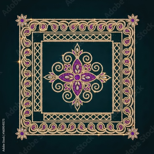 Elegant Floral Rangoli Design with Gold and Purple Details – Traditional Indian Art