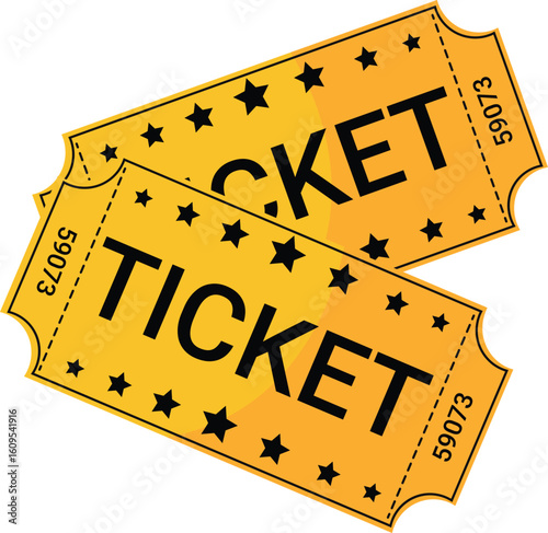Yellow vintage ticket icons. Retro pink and yellow ticket design template. Ticket for cinema, movie, circus, carnival, film, festival. Vector illustration isolated on white background