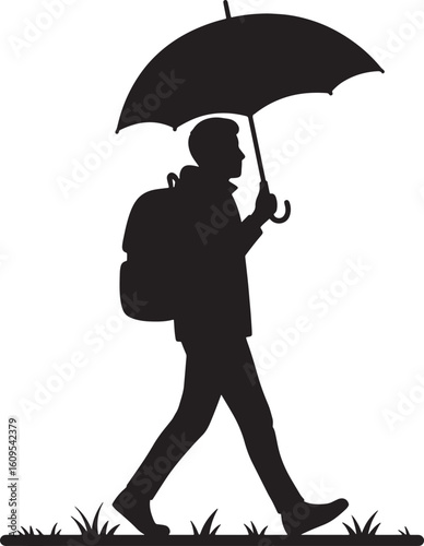 Two people, a business-suited man and a woman, stand under a single umbrella, a silhouette of protection against the rainy weather