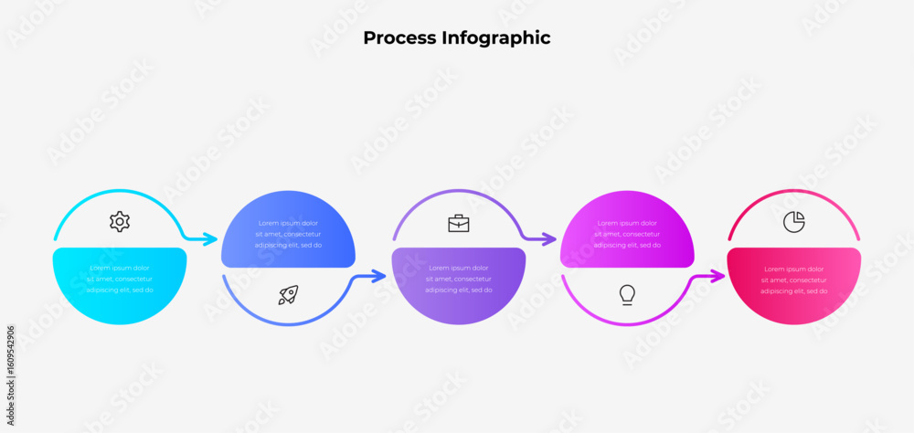 Fototapeta premium A visually appealing process infographic using gradient color schemes, demonstrating workflow or business processes with five steps and distinct icons for clear communication