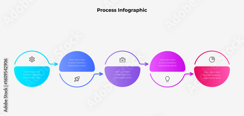 A visually appealing process infographic using gradient color schemes, demonstrating workflow or business processes with five steps and distinct icons for clear communication
