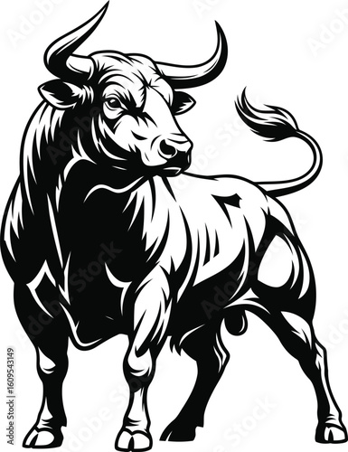 Powerful Black and White Bull Vector Graphic