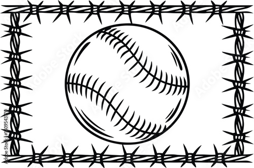 Baseball framed by barbed wire sports game