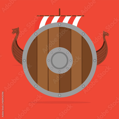 Stylized Viking Ship and Shield Illustration on Red.