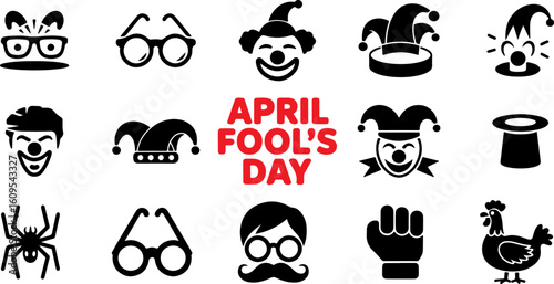 A collection of playful icons celebrating april fools day with clowns, glasses, spiders, and hats