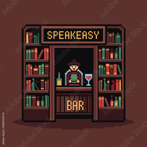 Pixel Art Speakeasy Bar with Bartender and Bookshelves.