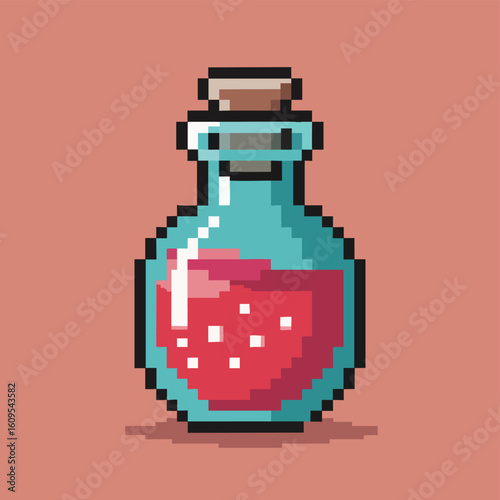 Pixel art of a glass potion bottle with bubbling red liquid and a cork stopper.