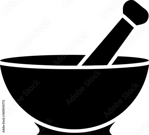 Mortar and Pestle Silhouette. Grinding Tool Black Vector Icon.
